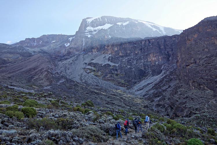 Trekkers crossing the Shira Plateau on the Lemosho Route