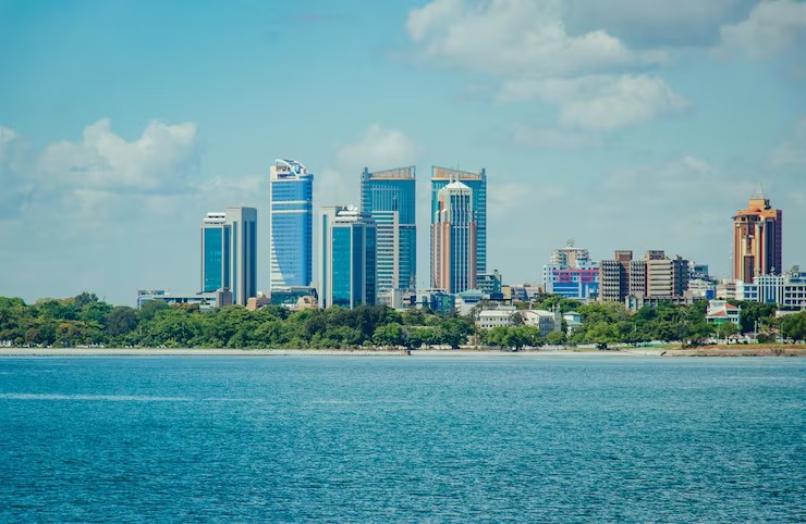 The Dar es Salaam skyline seen across the harbour
