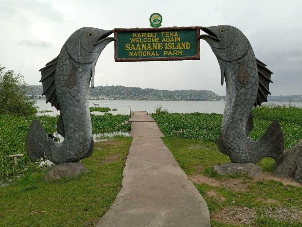 The fish-sculpture entrance gate to Saanane Island National Park, with Mwanza across the water